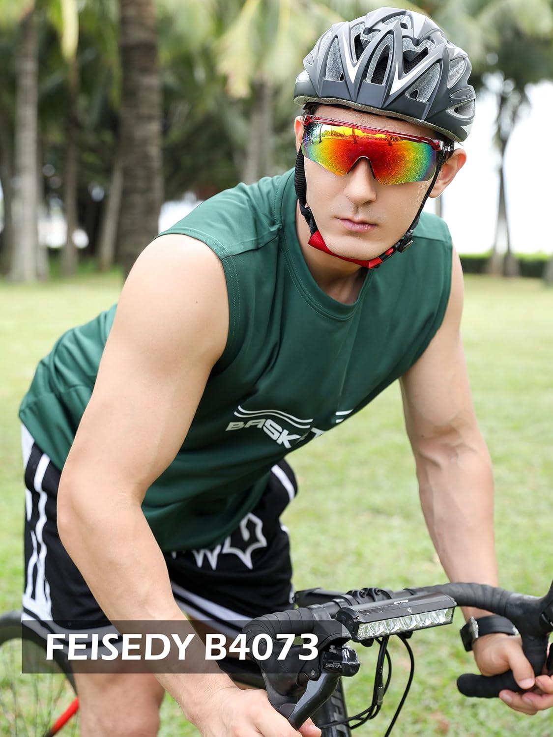image:imageFEISEDY Sunglasses for Men and Women Polarized Large Retro Rimless Glasses TR90 Frame for Baseball Cycling Sports B4073Transparent Red FrameRed Mirror