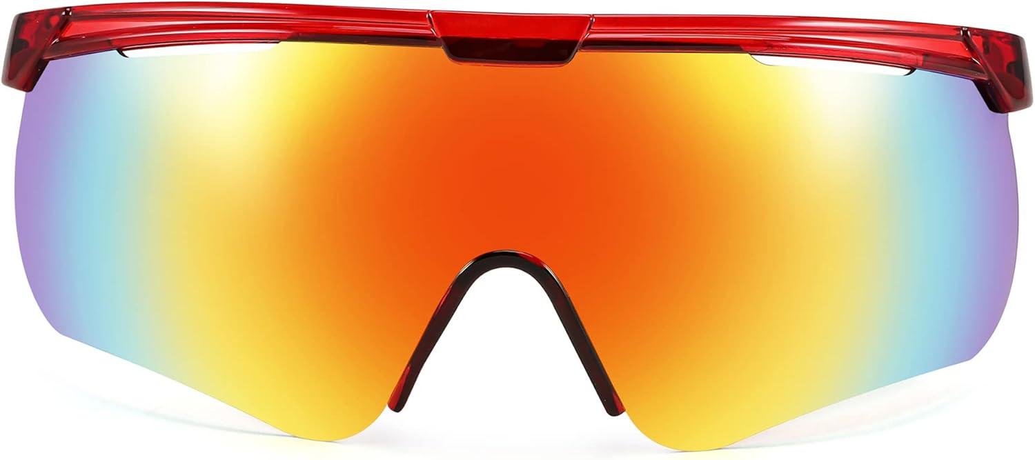 image:imageFEISEDY Sunglasses for Men and Women Polarized Large Retro Rimless Glasses TR90 Frame for Baseball Cycling Sports B4073Transparent Red FrameRed Mirror