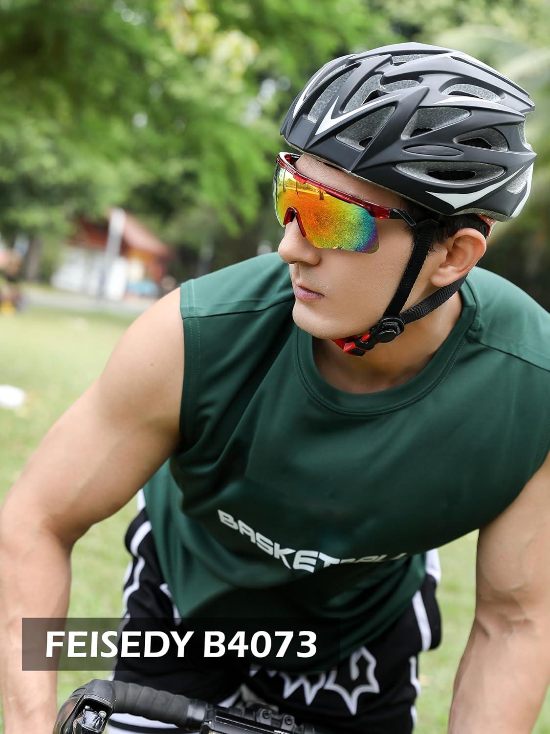 image:imageFEISEDY Sunglasses for Men and Women Polarized Large Retro Rimless Glasses TR90 Frame for Baseball Cycling Sports B4073Transparent Red FrameRed Mirror
