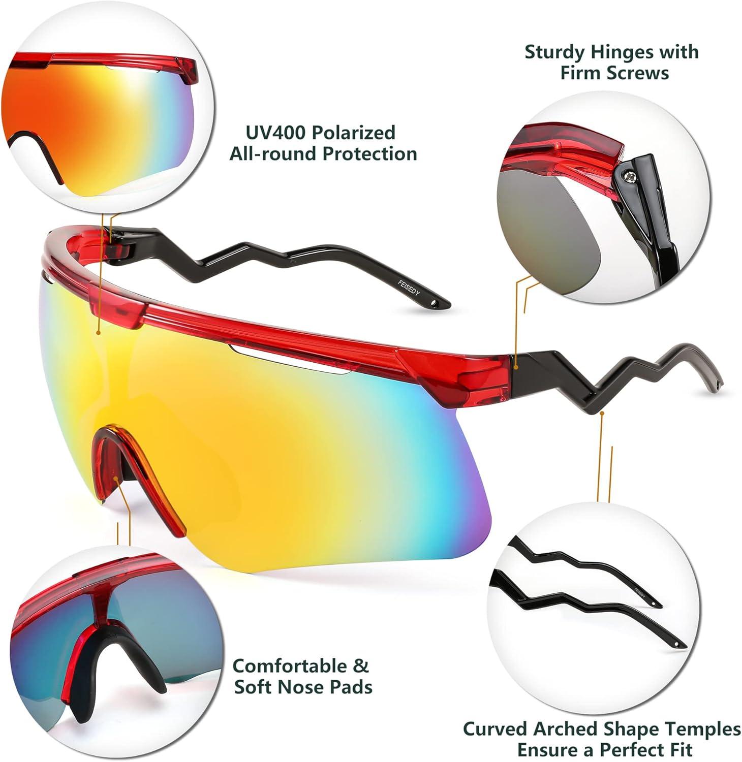 image:imageFEISEDY Sunglasses for Men and Women Polarized Large Retro Rimless Glasses TR90 Frame for Baseball Cycling Sports B4073Transparent Red FrameRed Mirror
