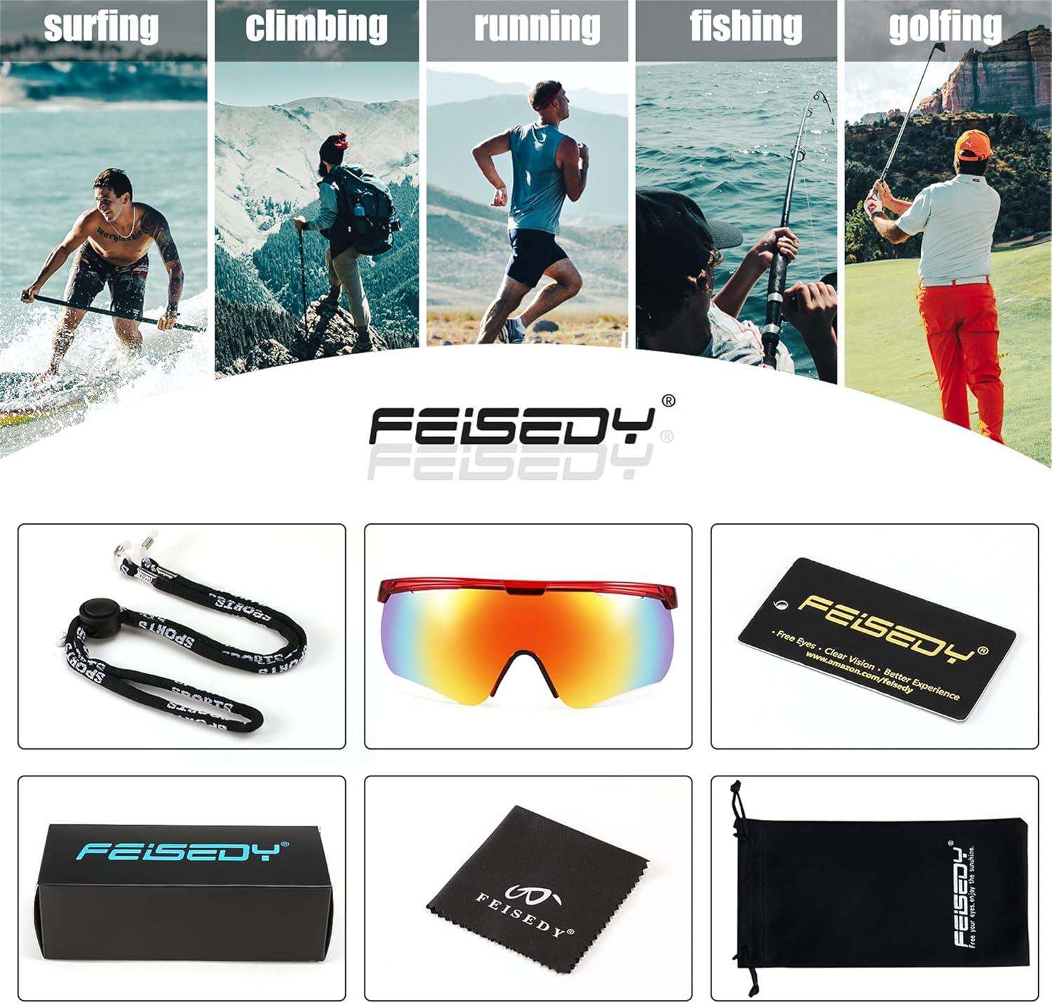 image:imageFEISEDY Sunglasses for Men and Women Polarized Large Retro Rimless Glasses TR90 Frame for Baseball Cycling Sports B4073Transparent Red FrameRed Mirror