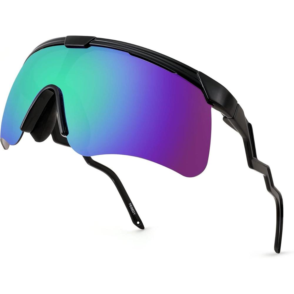 image:imageFEISEDY Sunglasses for Men and Women Polarized Large Retro Rimless Glasses TR90 Frame for Baseball Cycling Sports B4073Black FrameBlue Green Mirror