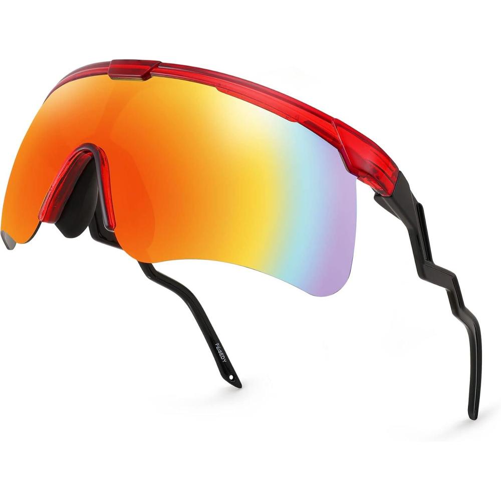 image:imageFEISEDY Sunglasses for Men and Women Polarized Large Retro Rimless Glasses TR90 Frame for Baseball Cycling Sports B4073Transparent Red FrameRed Mirror