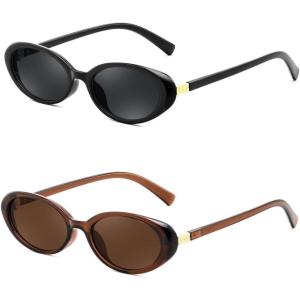 FEISEDY Retro Oval Cateye Sunglasses for Women Men Fashion Small 90s Style Vintage Shades B4180((2 Pack) Black & Brown)