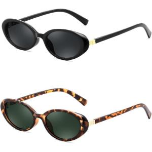 FEISEDY Retro Oval Cateye Sunglasses for Women Men Fashion Small 90s Style Vintage Shades B4180((2 Pack) Black & Leopard)