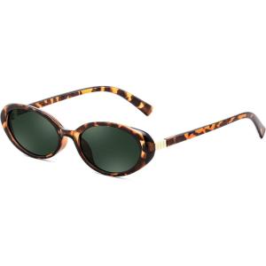 FEISEDY Retro Oval Cateye Sunglasses for Women Men Fashion Small 90s Style Vintage Shades B4180(Leopard Frame/Green Lens)