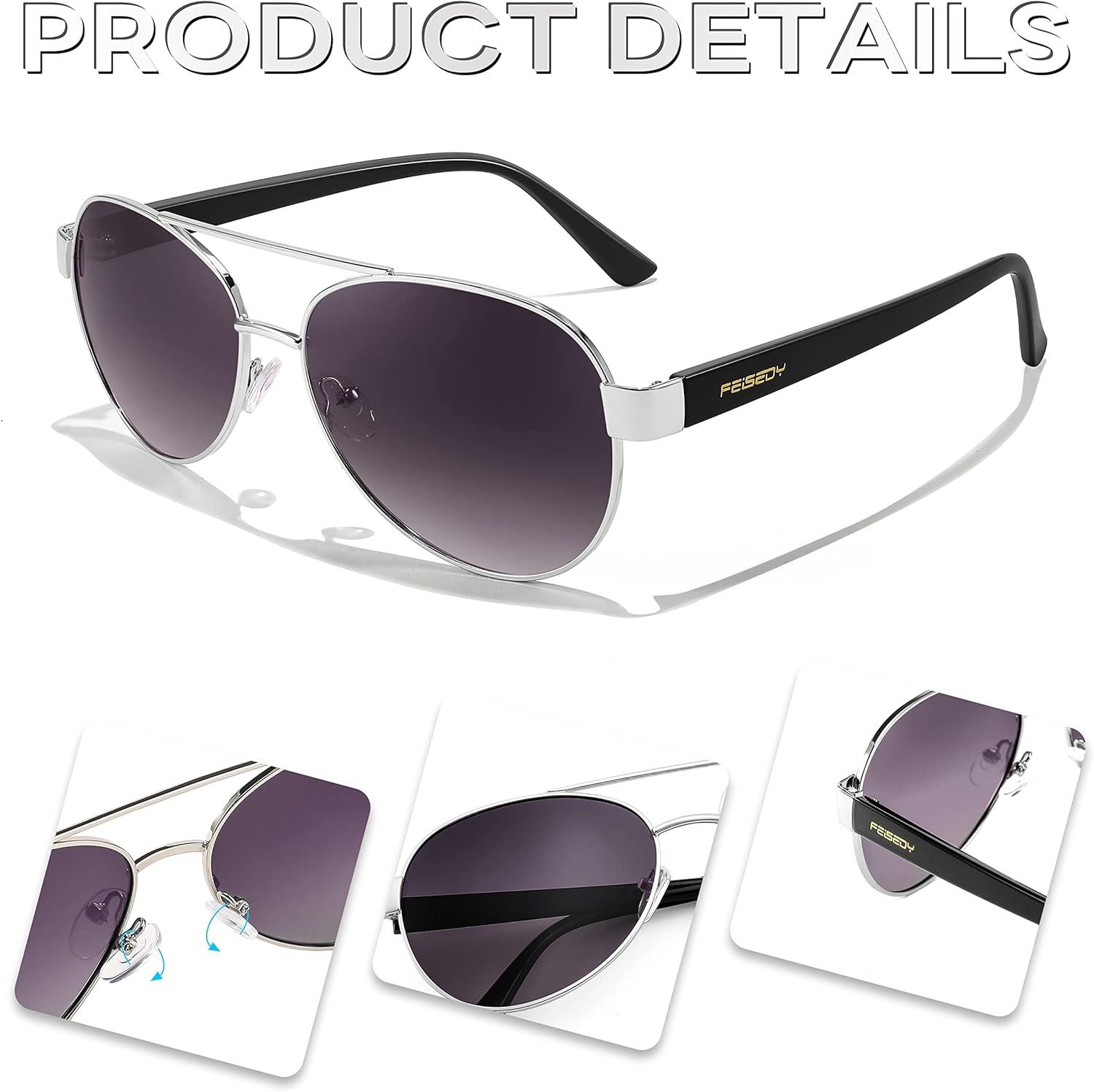 image:imageFEISEDY Classic Aviator Sunglasses for Women Pilot Polarized Sunglasses Men UV400 Protection for Driving Fishing Golf B4109003 Sliver FrameGradient Grey Lenses
