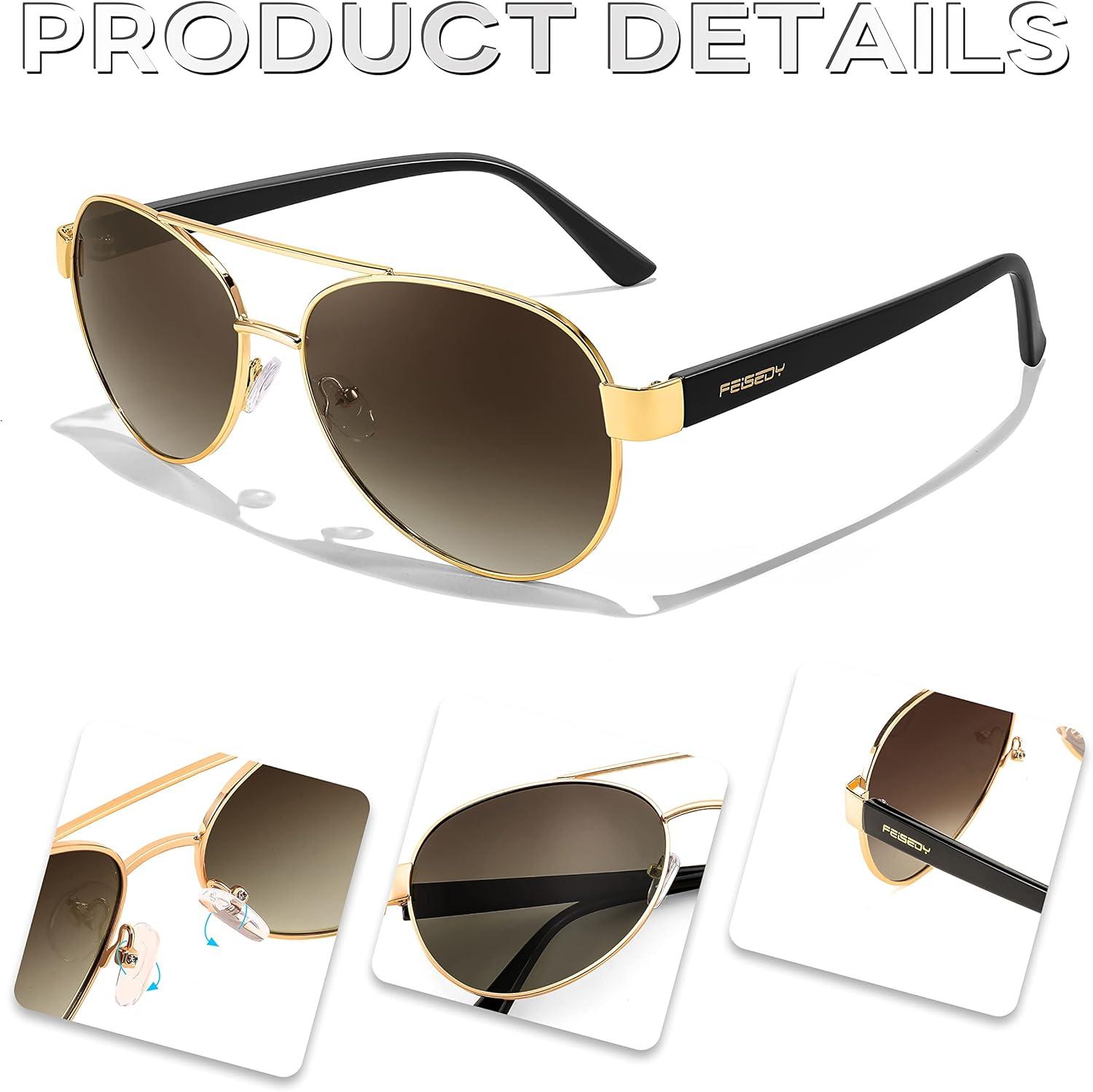 image:imageFEISEDY Classic Aviator Sunglasses for Women Pilot Polarized Sunglasses Men UV400 Protection for Driving Fishing Golf B4109005 Gold FrameBrown Lenses
