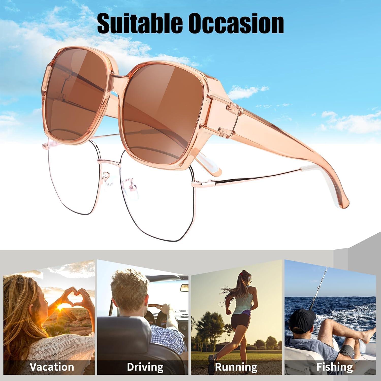 image:imageFEISEDY Fit Over Glasses Sunglasses Polarized for Women Sunglasses Over Prescription Glasses Oversized UV Protection B1114Transparent Tea Frame Tea Lens