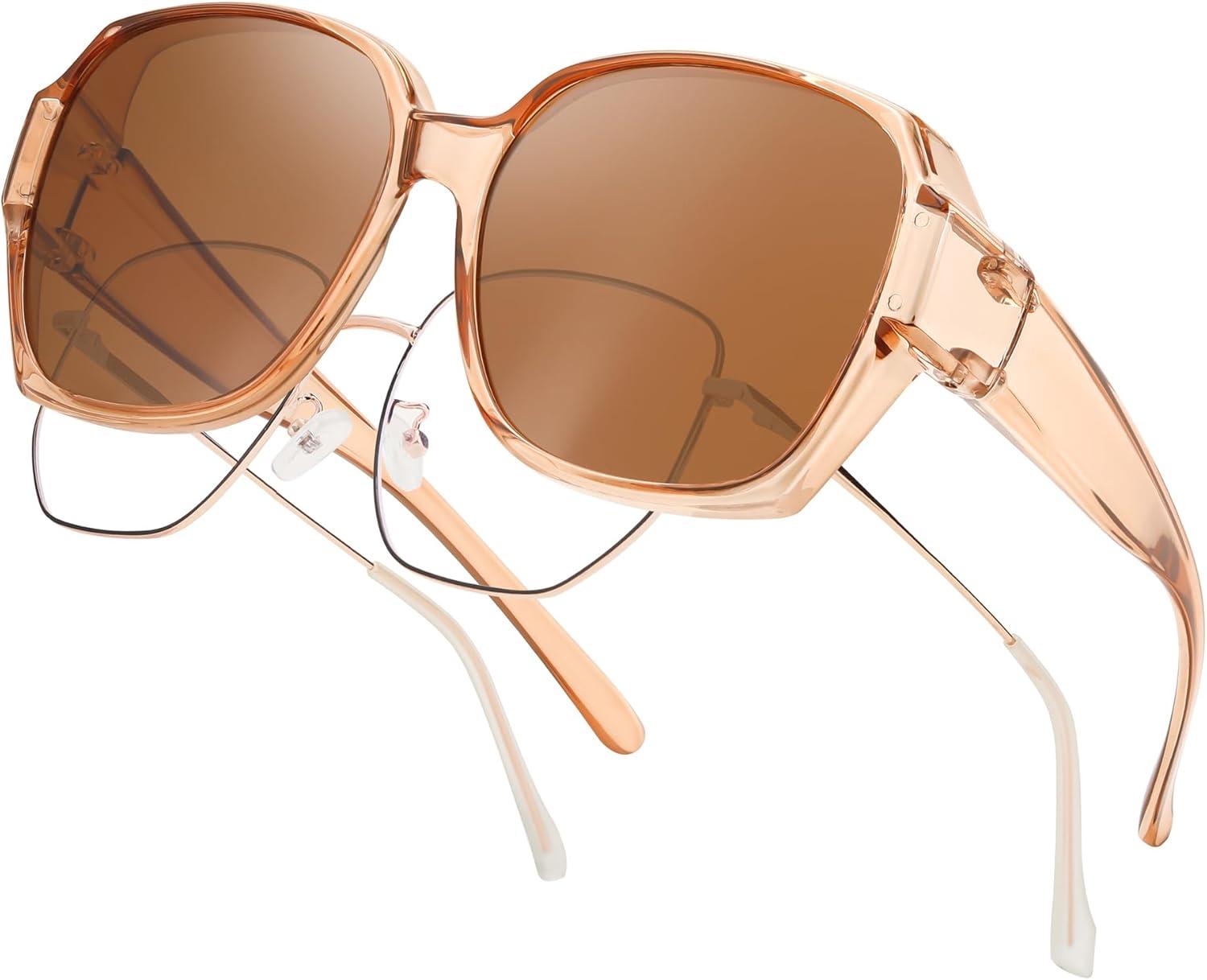 image:imageFEISEDY Fit Over Glasses Sunglasses Polarized for Women Sunglasses Over Prescription Glasses Oversized UV Protection B1114Transparent Tea Frame Tea Lens