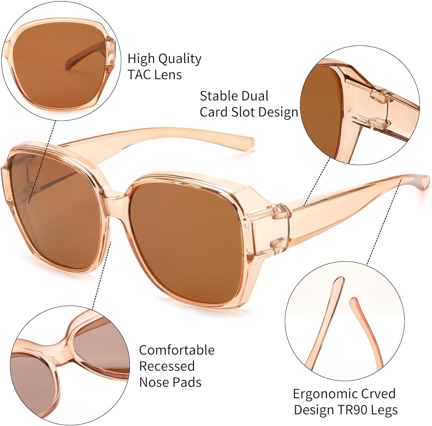 image:imageFEISEDY Fit Over Glasses Sunglasses Polarized for Women Sunglasses Over Prescription Glasses Oversized UV Protection B1114Transparent Tea Frame Tea Lens