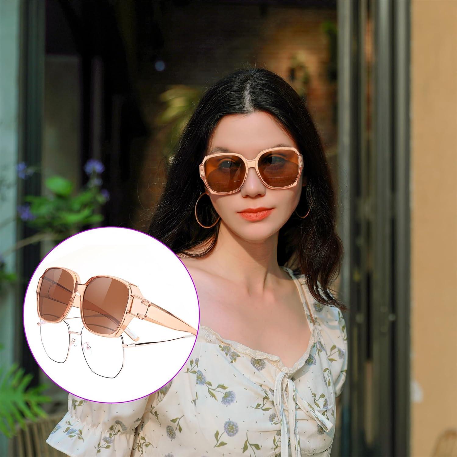 image:imageFEISEDY Fit Over Glasses Sunglasses Polarized for Women Sunglasses Over Prescription Glasses Oversized UV Protection B1114Transparent Tea Frame Tea Lens
