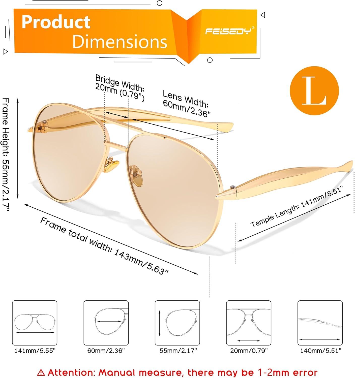 image:imageFEISEDY Oversized Aviator Sunglasses Women Men Retro Gold Metal Chunky Frame UV400 for Driving amp Daily Wear B03112packgoldChampagnegoldChampagne