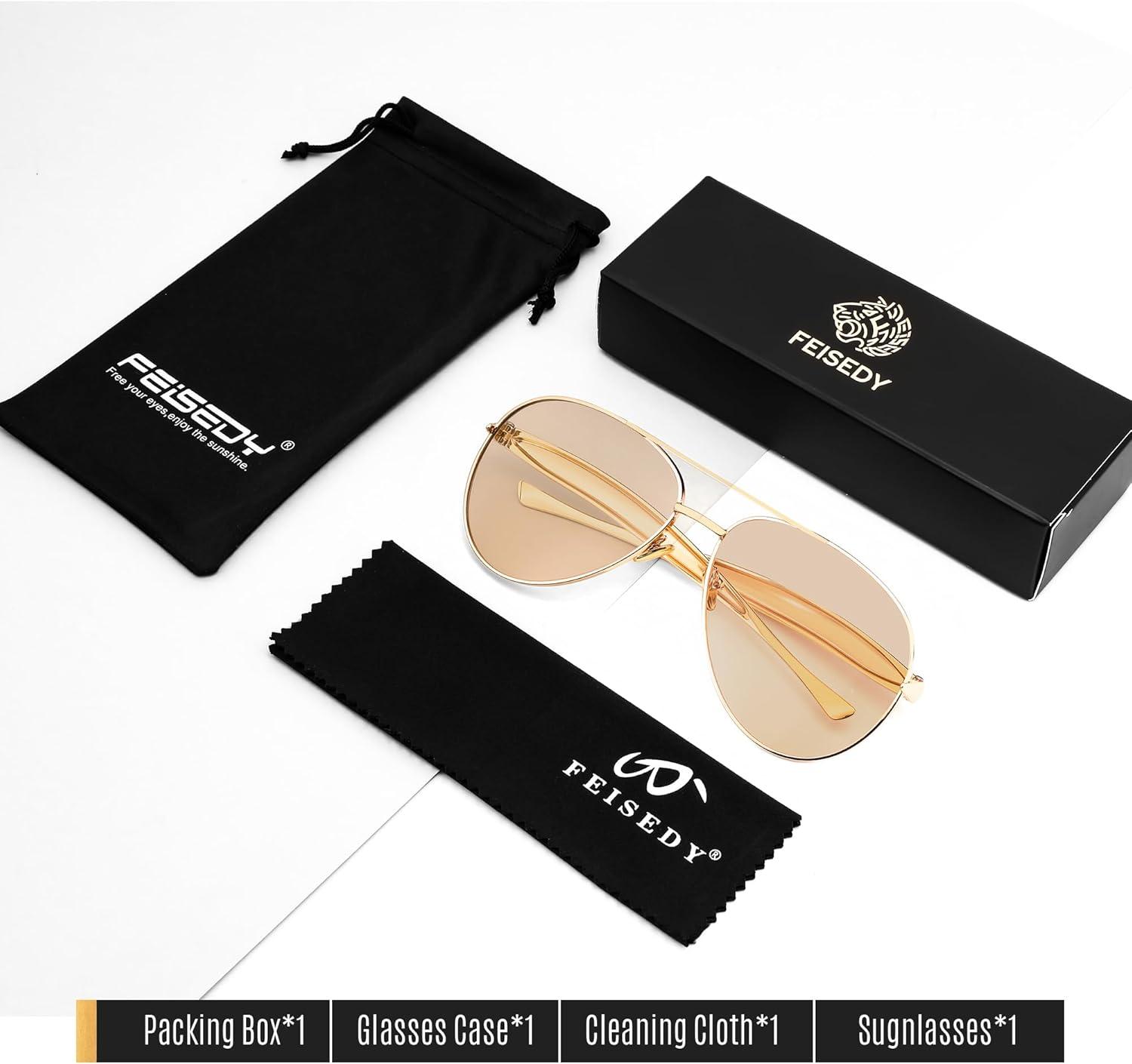 image:imageFEISEDY Oversized Aviator Sunglasses Women Men Retro Gold Metal Chunky Frame UV400 for Driving amp Daily Wear B03112packgoldChampagnegoldChampagne