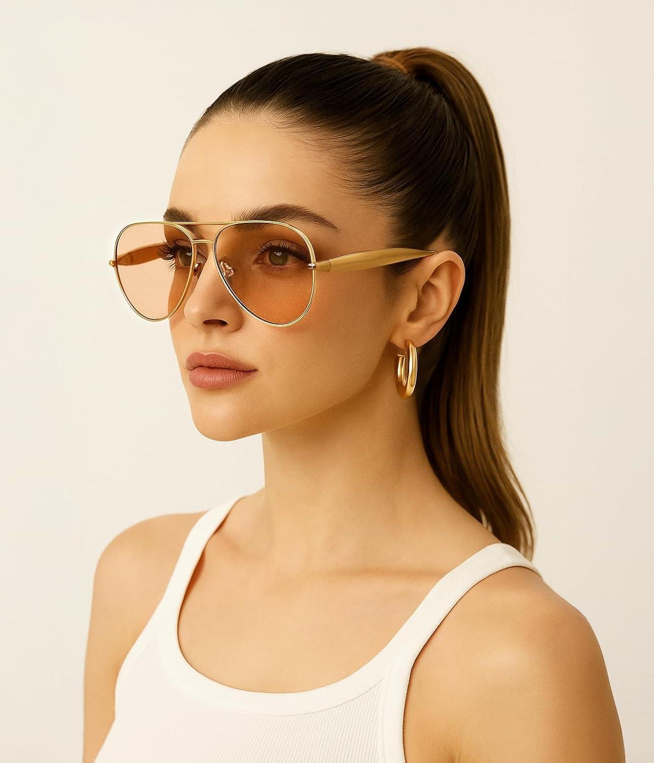 image:imageFEISEDY Oversized Aviator Sunglasses Women Men Retro Gold Metal Chunky Frame UV400 for Driving amp Daily Wear B03112packgoldChampagnegoldChampagne