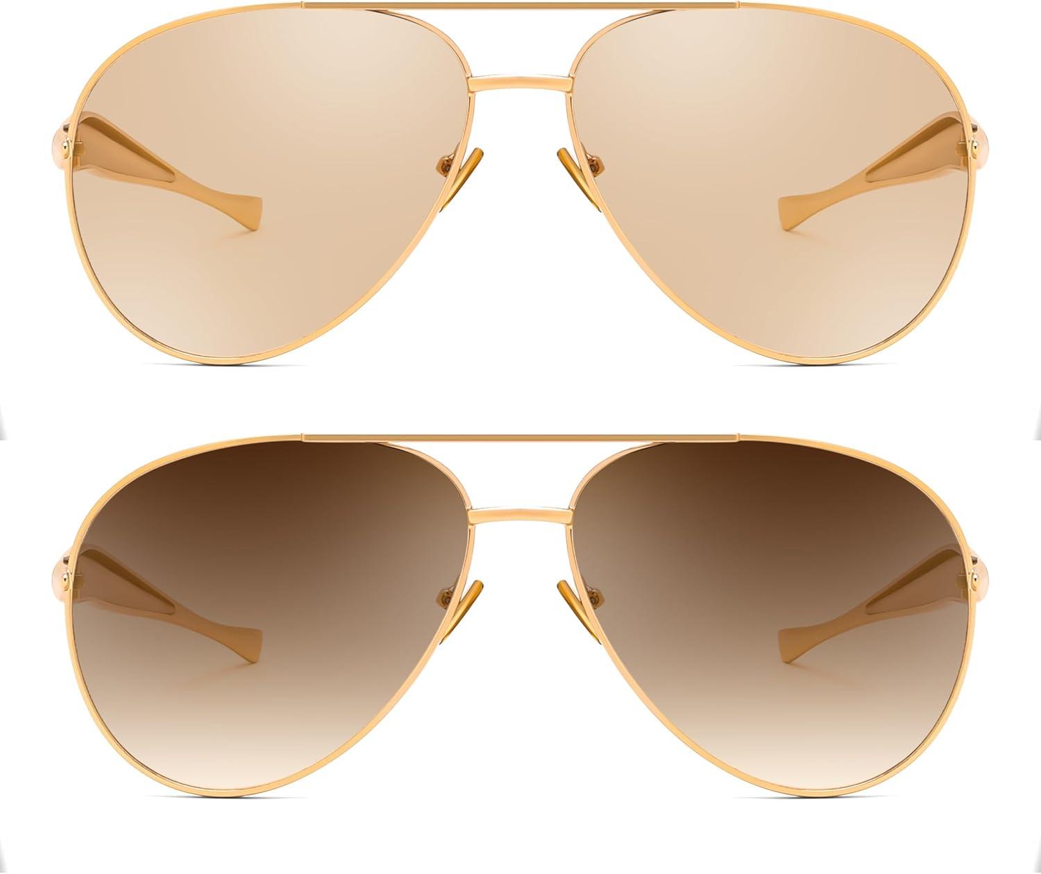 image:imageFEISEDY Oversized Aviator Sunglasses Women Men Retro Gold Metal Chunky Frame UV400 for Driving amp Daily Wear B03112packgoldChampagnegoldGradual Tea