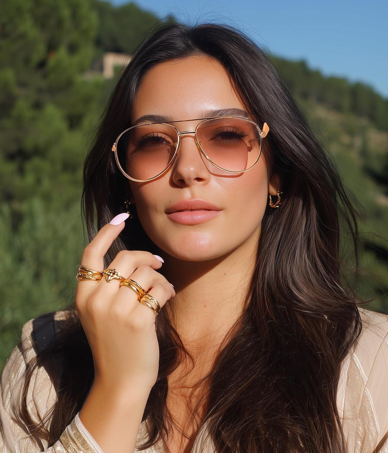 image:imageFEISEDY Oversized Aviator Sunglasses Women Men Retro Gold Metal Chunky Frame UV400 for Driving amp Daily Wear B03112packgoldChampagnegoldGradual Tea