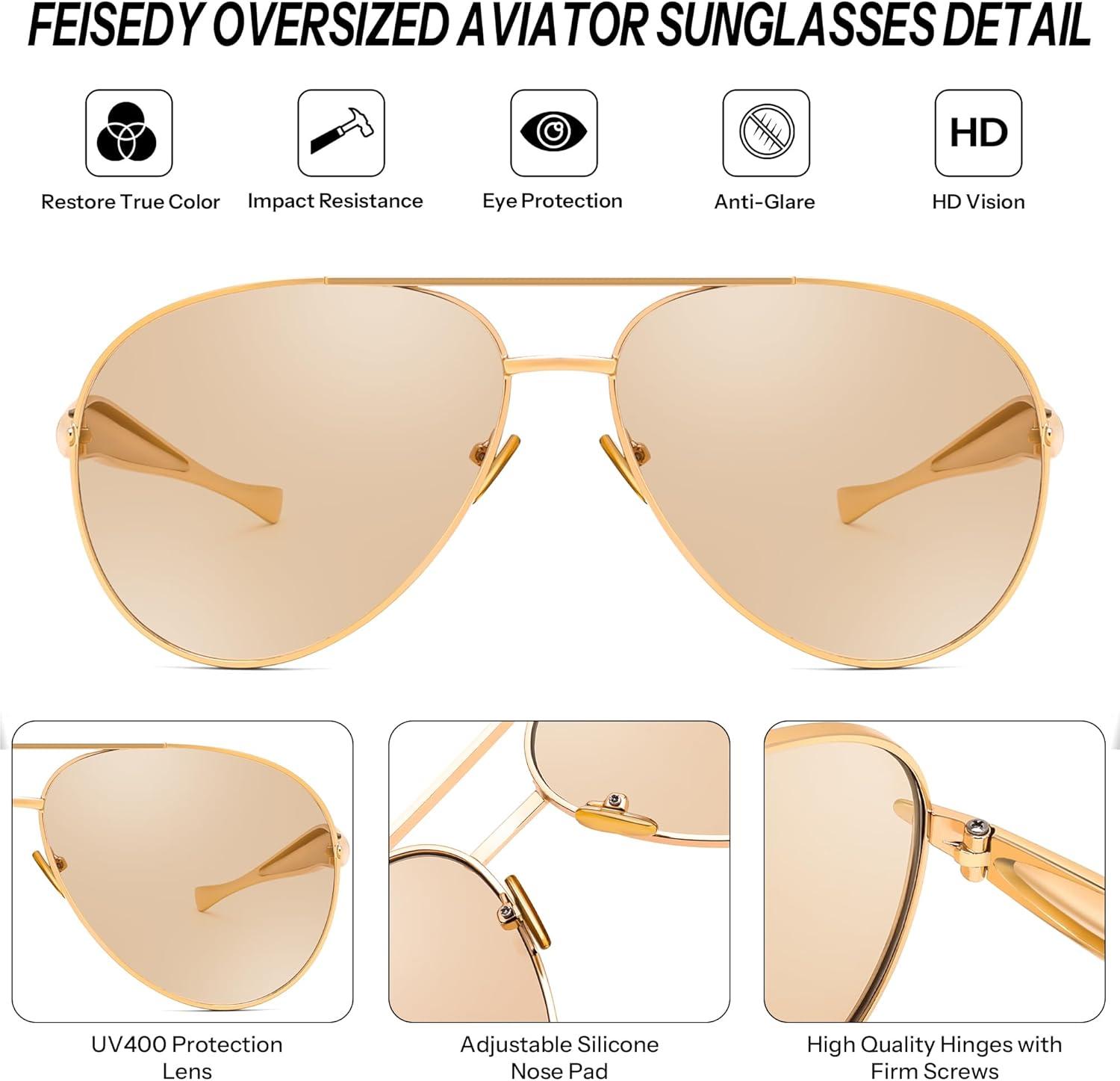 image:imageFEISEDY Oversized Aviator Sunglasses Women Men Retro Gold Metal Chunky Frame UV400 for Driving amp Daily Wear B03112packgoldChampagnegoldGradual Tea