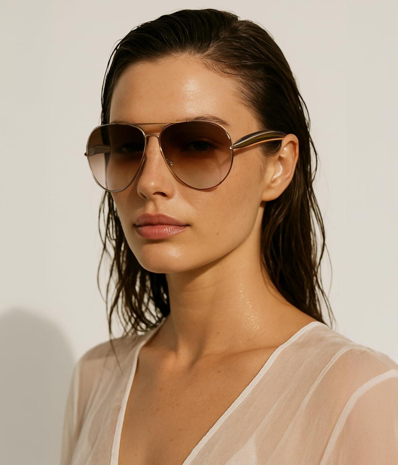 image:imageFEISEDY Oversized Aviator Sunglasses Women Men Retro Gold Metal Chunky Frame UV400 for Driving amp Daily Wear B03112packgoldChampagnegoldGradual Tea
