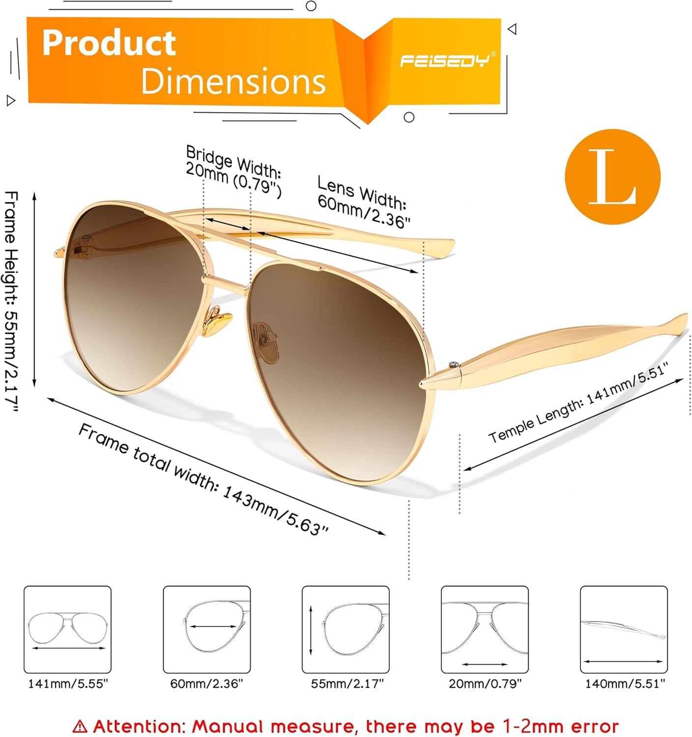 image:imageFEISEDY Oversized Aviator Sunglasses Women Men Retro Gold Metal Chunky Frame UV400 for Driving amp Daily Wear B03112packgoldChampagnegoldGradual Tea