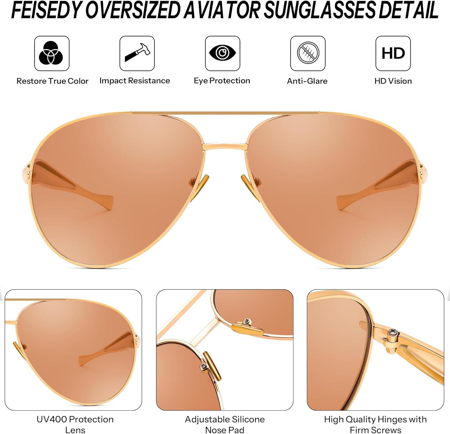 image:imageFEISEDY Oversized Aviator Sunglasses Women Men Retro Gold Metal Chunky Frame UV400 for Driving amp Daily Wear B03112packgoldChampagnegoldTea