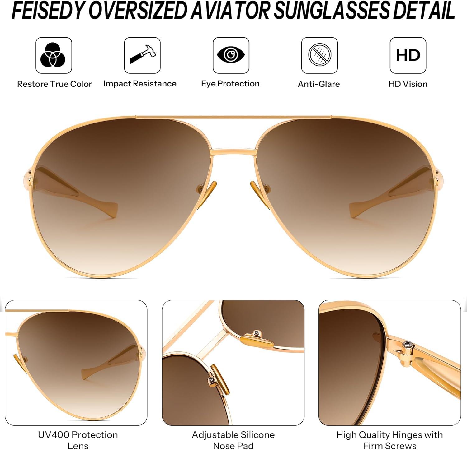 image:imageFEISEDY Oversized Aviator Sunglasses Women Men Retro Gold Metal Chunky Frame UV400 for Driving amp Daily Wear B0311GoldGradual Tea