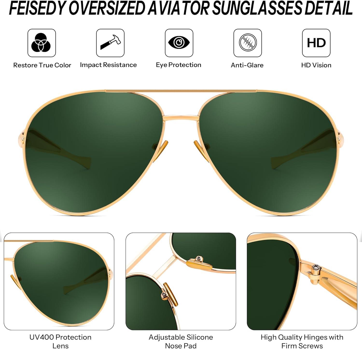 image:imageFEISEDY Oversized Aviator Sunglasses Women Men Retro Gold Metal Chunky Frame UV400 for Driving amp Daily Wear B0311GoldGreen