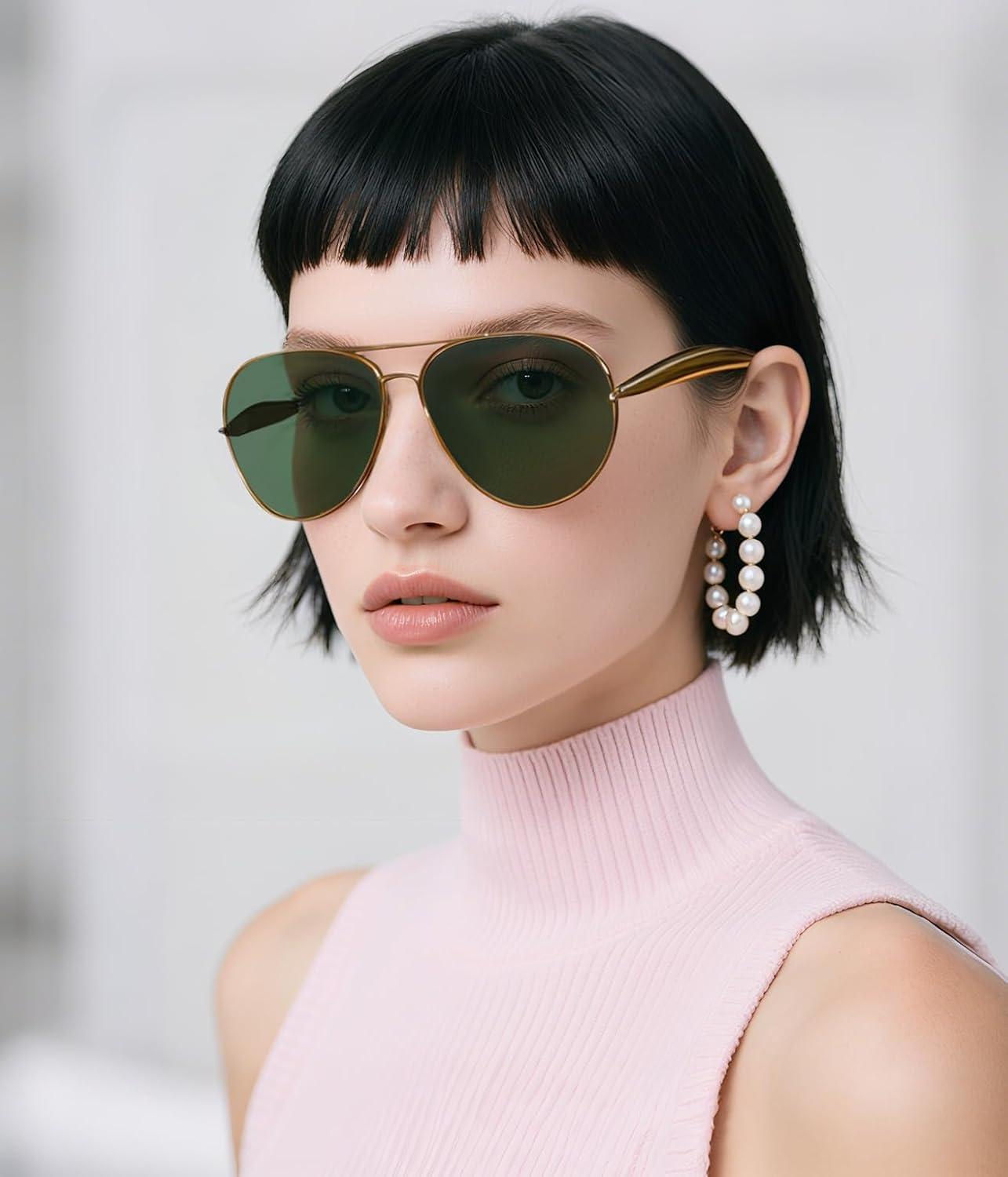 image:imageFEISEDY Oversized Aviator Sunglasses Women Men Retro Gold Metal Chunky Frame UV400 for Driving amp Daily Wear B0311GoldGreen