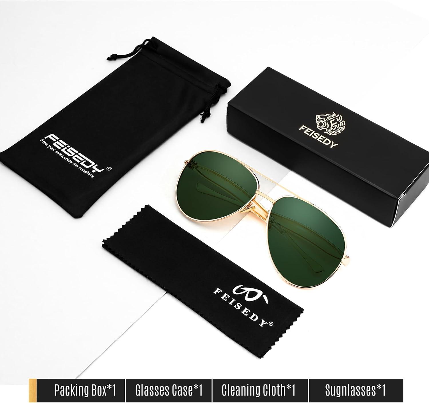 image:imageFEISEDY Oversized Aviator Sunglasses Women Men Retro Gold Metal Chunky Frame UV400 for Driving amp Daily Wear B0311GoldGreen