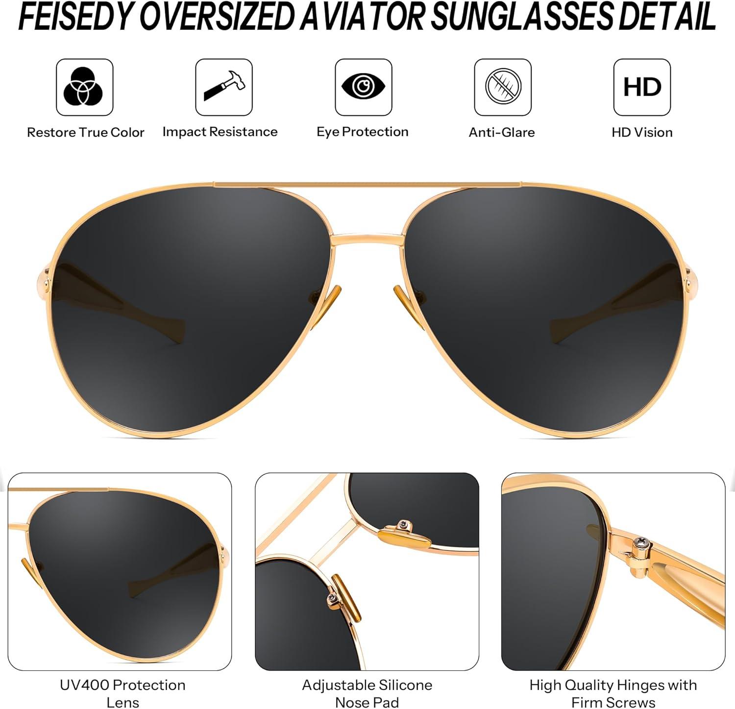 image:imageFEISEDY Oversized Aviator Sunglasses Women Men Retro Gold Metal Chunky Frame UV400 for Driving amp Daily Wear B0311GoldGrey