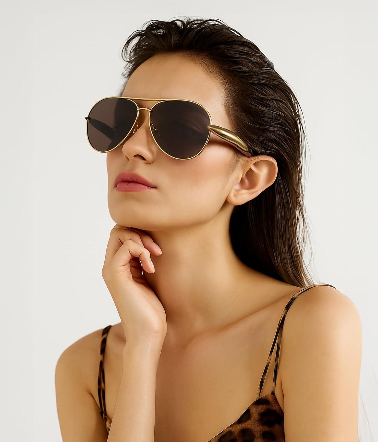 image:imageFEISEDY Oversized Aviator Sunglasses Women Men Retro Gold Metal Chunky Frame UV400 for Driving amp Daily Wear B0311GoldGrey