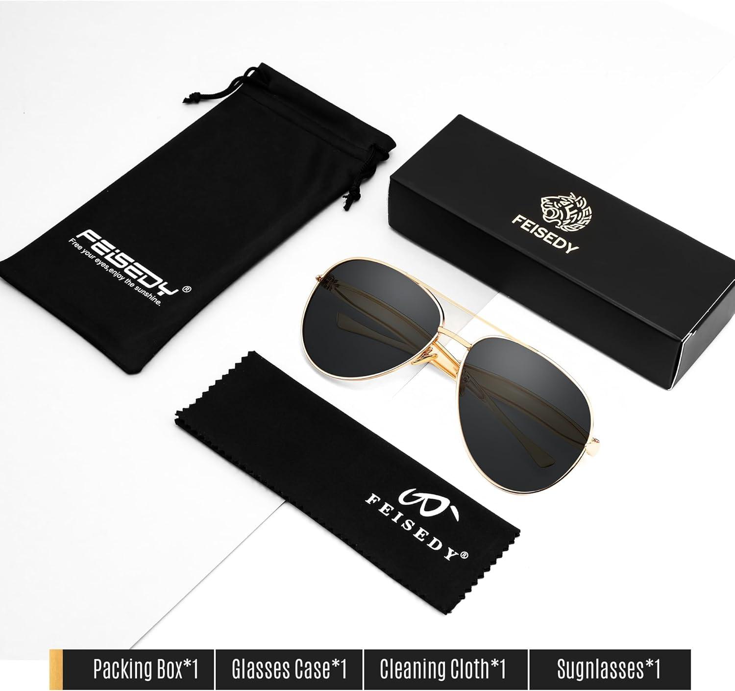 image:imageFEISEDY Oversized Aviator Sunglasses Women Men Retro Gold Metal Chunky Frame UV400 for Driving amp Daily Wear B0311GoldGrey