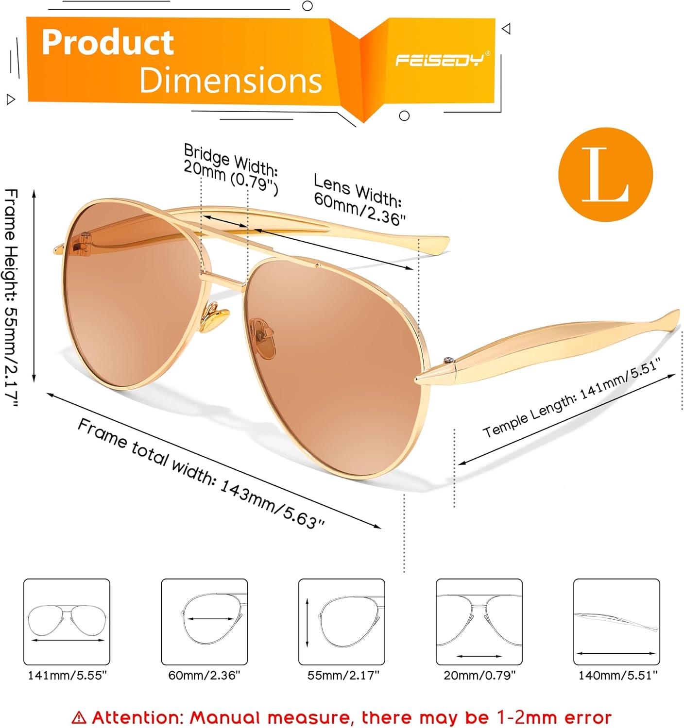 image:imageFEISEDY Oversized Aviator Sunglasses Women Men Retro Gold Metal Chunky Frame UV400 for Driving amp Daily Wear B0311GoldTea