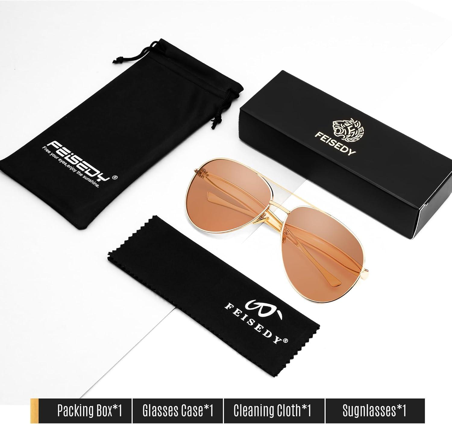 image:imageFEISEDY Oversized Aviator Sunglasses Women Men Retro Gold Metal Chunky Frame UV400 for Driving amp Daily Wear B0311GoldTea