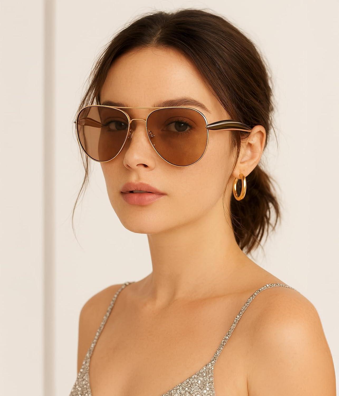 image:imageFEISEDY Oversized Aviator Sunglasses Women Men Retro Gold Metal Chunky Frame UV400 for Driving amp Daily Wear B0311GoldTea