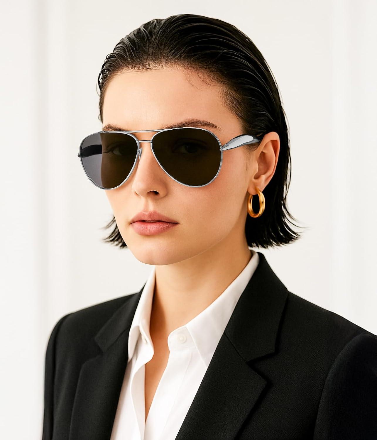 image:imageFEISEDY Oversized Aviator Sunglasses Women Men Retro Gold Metal Chunky Frame UV400 for Driving amp Daily Wear B0311SilverGrey
