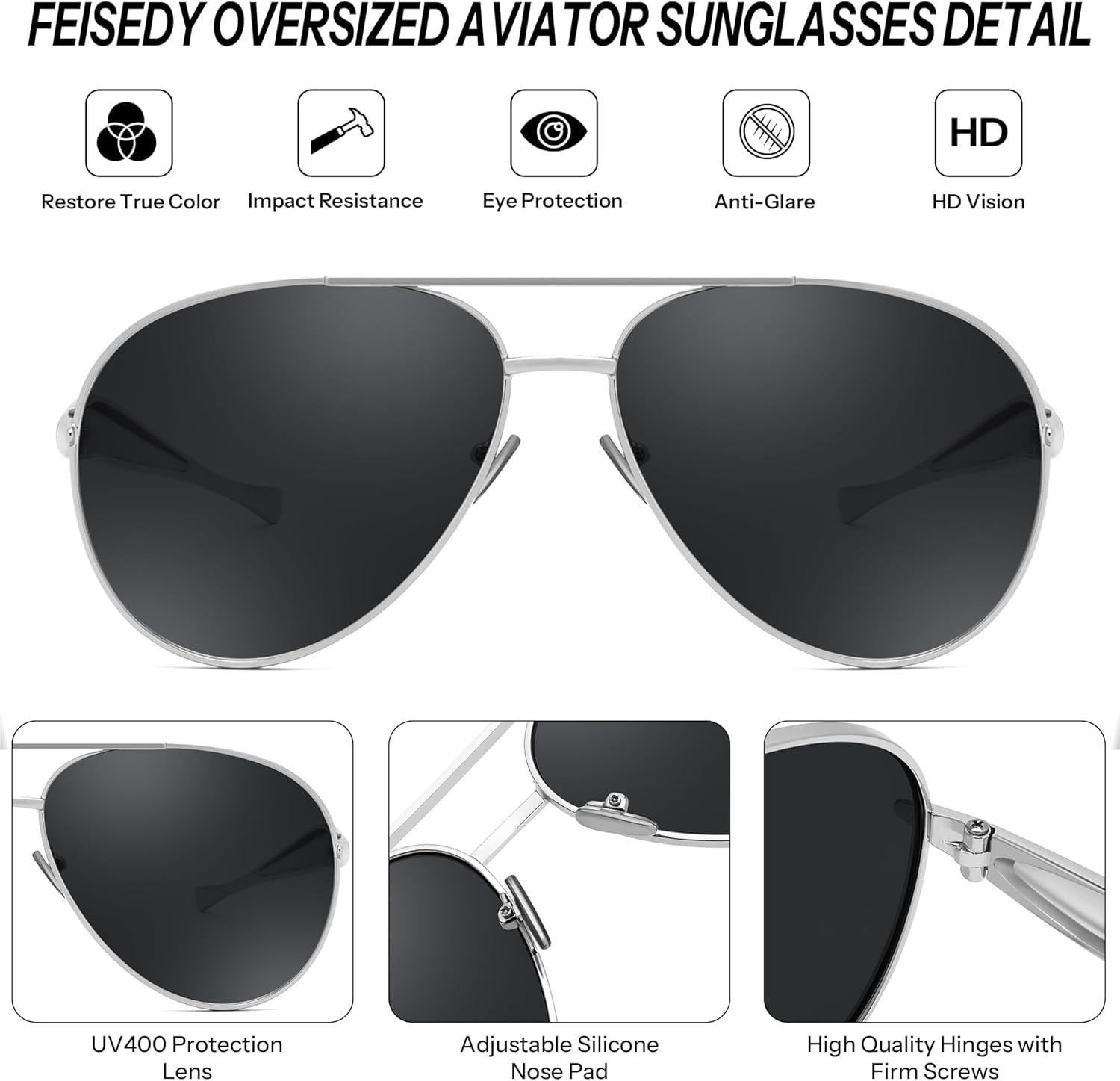 image:imageFEISEDY Oversized Aviator Sunglasses Women Men Retro Gold Metal Chunky Frame UV400 for Driving amp Daily Wear B0311SilverGrey