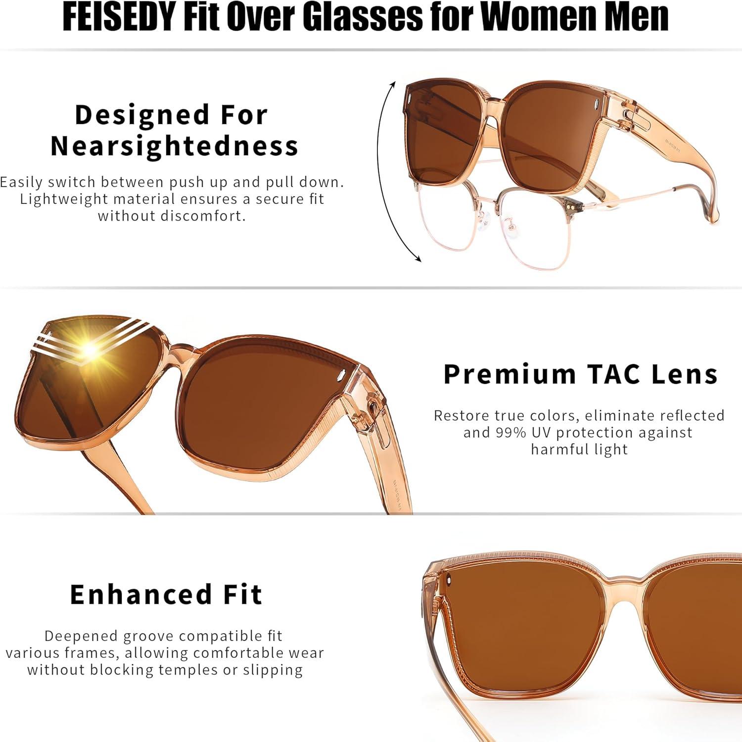 image:imageFEISEDY Polarized Sunglasses Fit Over Glasses for Men Women Oversized Square Sun Glasses UV400 Protection Shades B4187Champagne