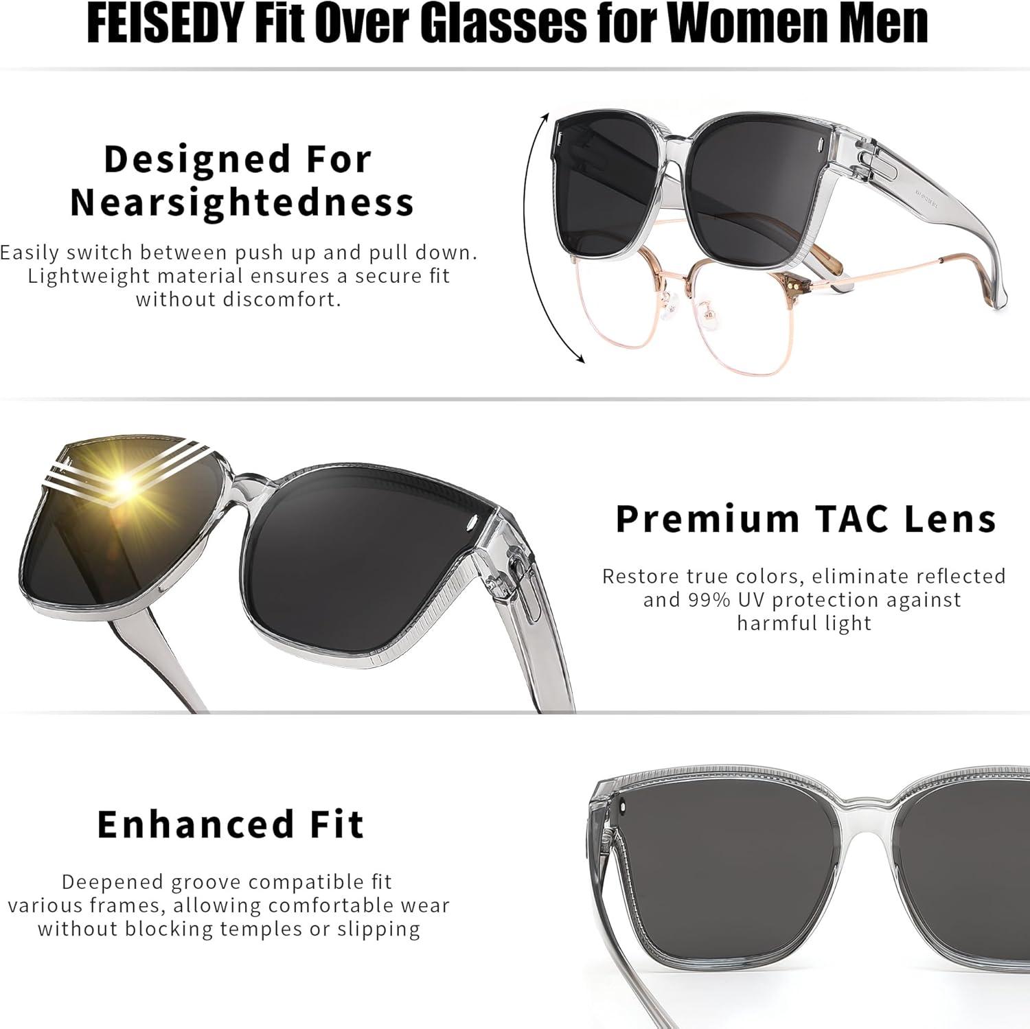 image:imageFEISEDY Polarized Sunglasses Fit Over Glasses for Men Women Oversized Square Sun Glasses UV400 Protection Shades B4187Transparent GrayGray