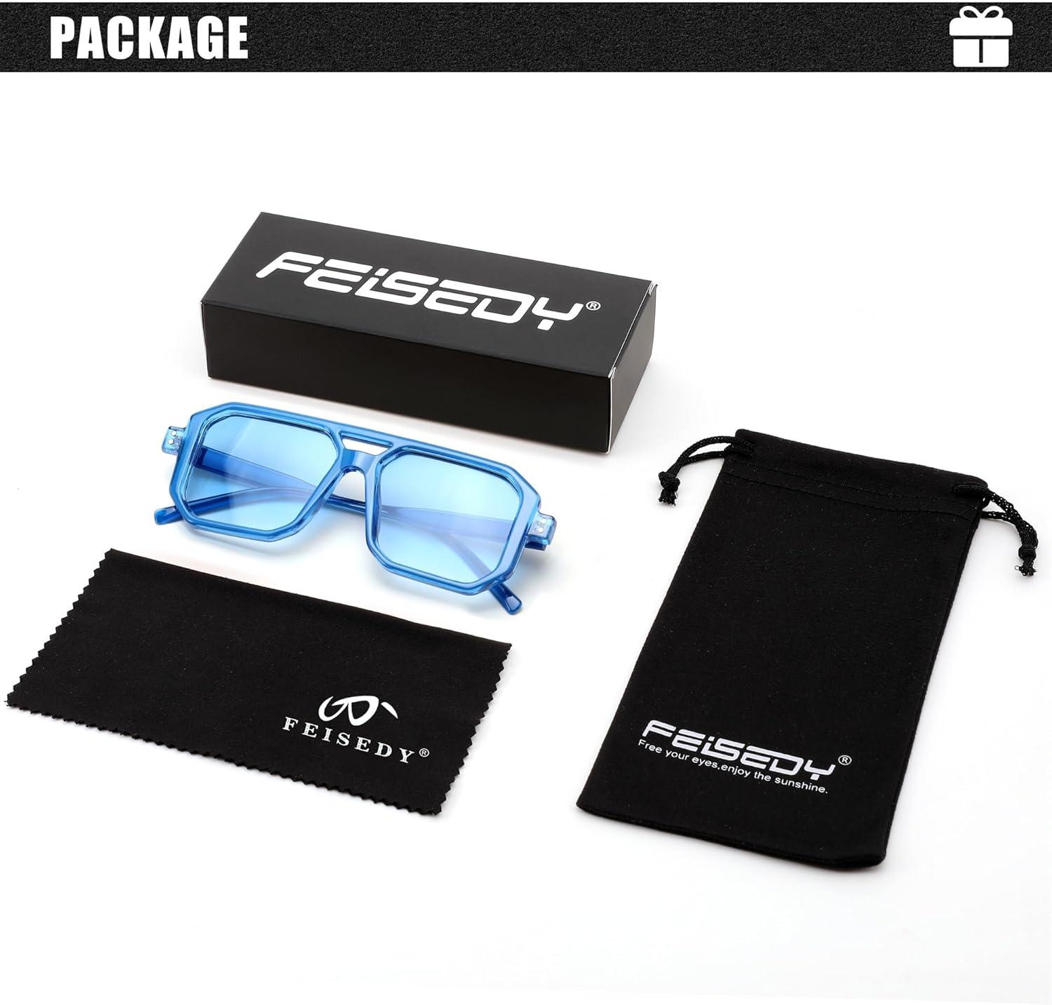 image:imageFEISEDY Retro Sunglasses for Women Men Trendy Aviator Sunglasses Classic Square Frame Shades B2939005 Blue FrameBlue Lens