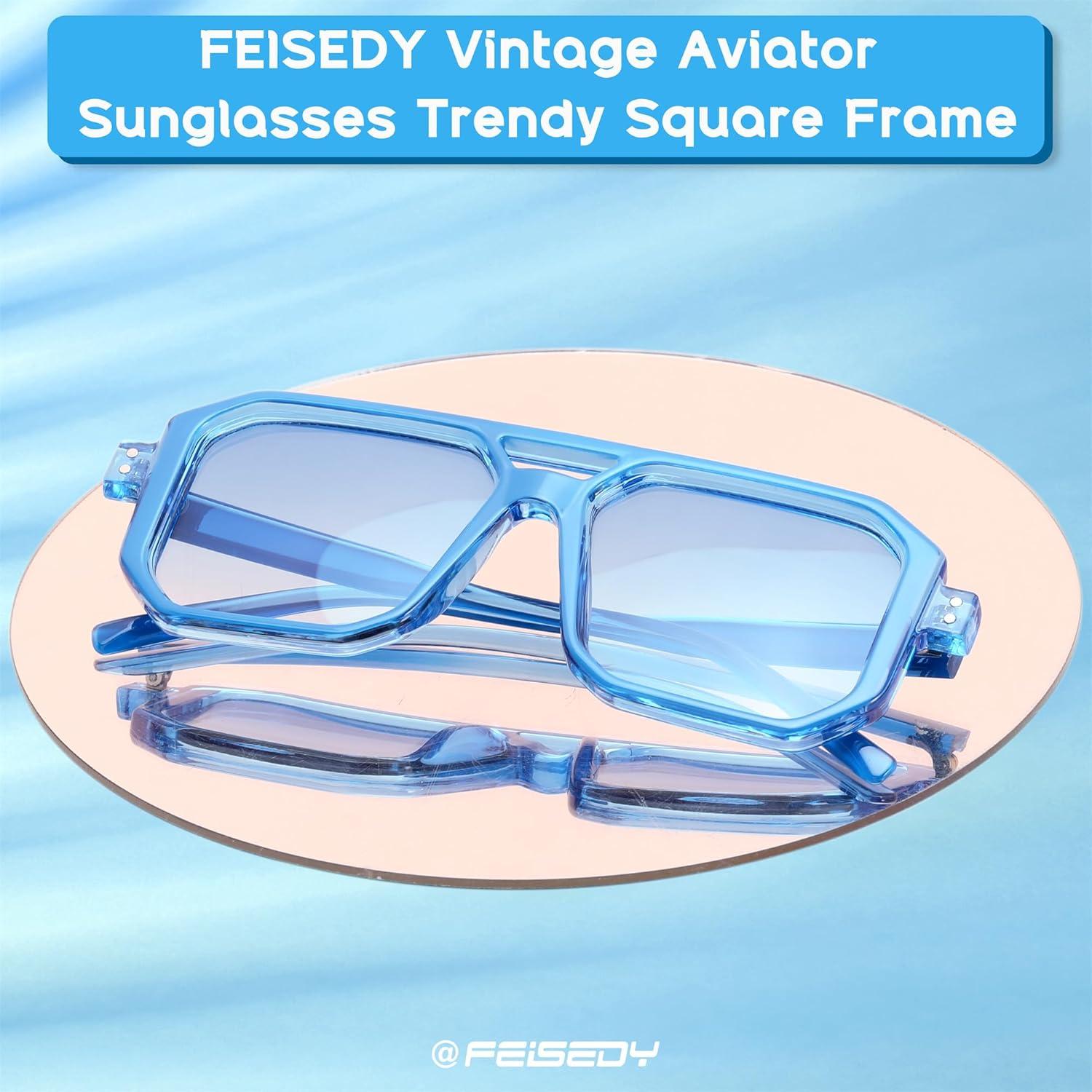 image:imageFEISEDY Retro Sunglasses for Women Men Trendy Aviator Sunglasses Classic Square Frame Shades B2939005 Blue FrameBlue Lens