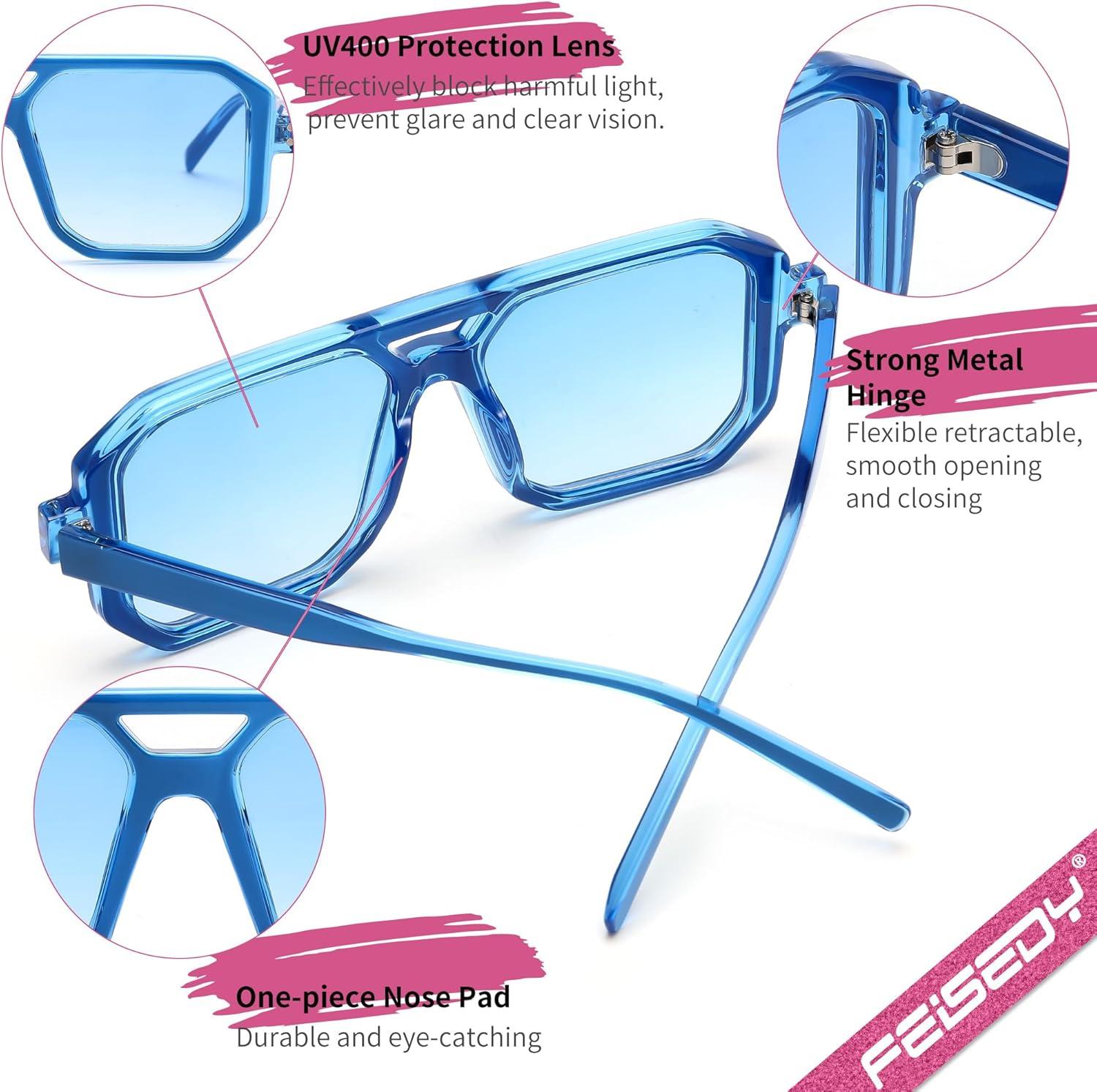 image:imageFEISEDY Retro Sunglasses for Women Men Trendy Aviator Sunglasses Classic Square Frame Shades B2939005 Blue FrameBlue Lens