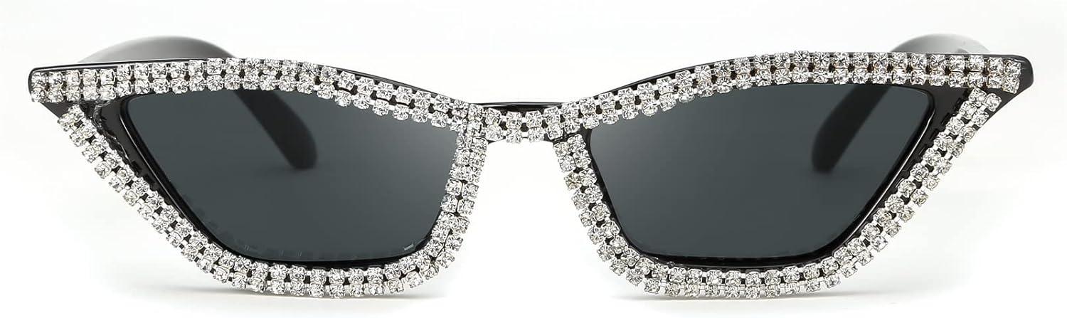 image:imageFEISEDY Small Cat Eye Sunglasses for Women Vintage Square Sparkling Crystal Trendy Retro Cateye Sunglasses B2317001 Black Grey Lens