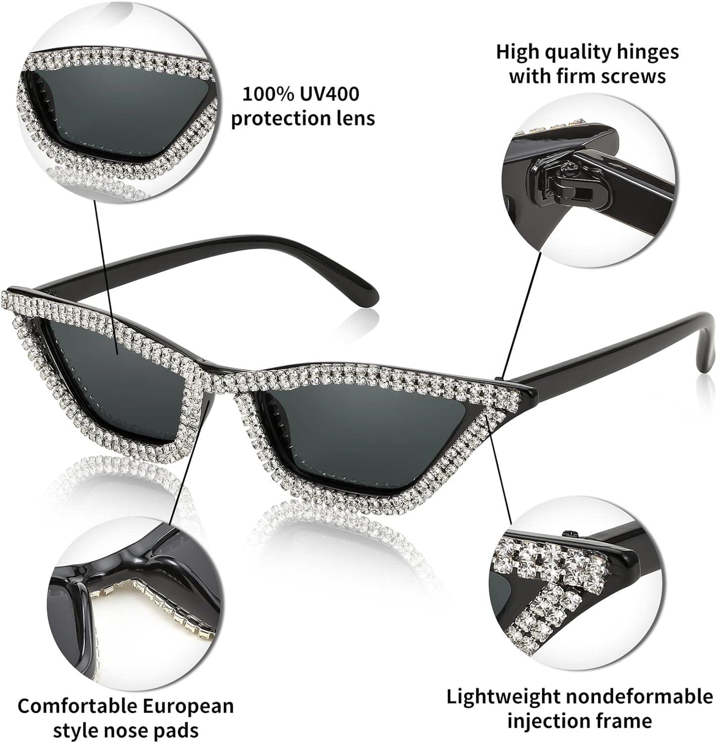 image:imageFEISEDY Small Cat Eye Sunglasses for Women Vintage Square Sparkling Crystal Trendy Retro Cateye Sunglasses B2317001 Black Grey Lens