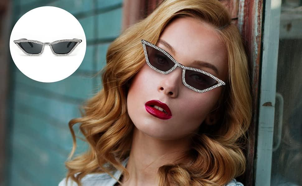 image:imageFEISEDY Small Cat Eye Sunglasses for Women Vintage Square Sparkling Crystal Trendy Retro Cateye Sunglasses B2317001 Black Grey Lens