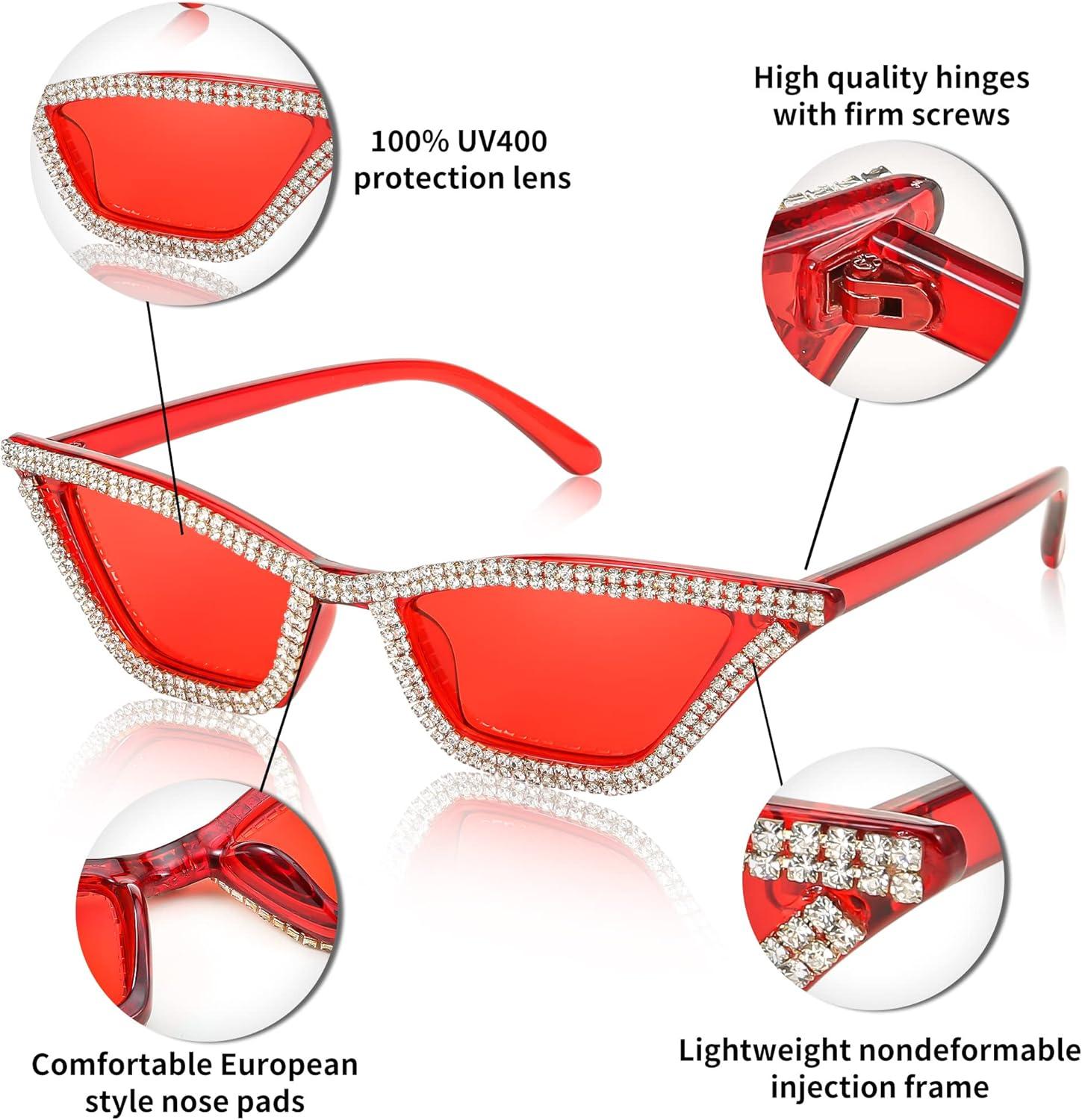 image:imageFEISEDY Small Cat Eye Sunglasses for Women Vintage Square Sparkling Crystal Trendy Retro Cateye Sunglasses B2317002 Red Red Lens