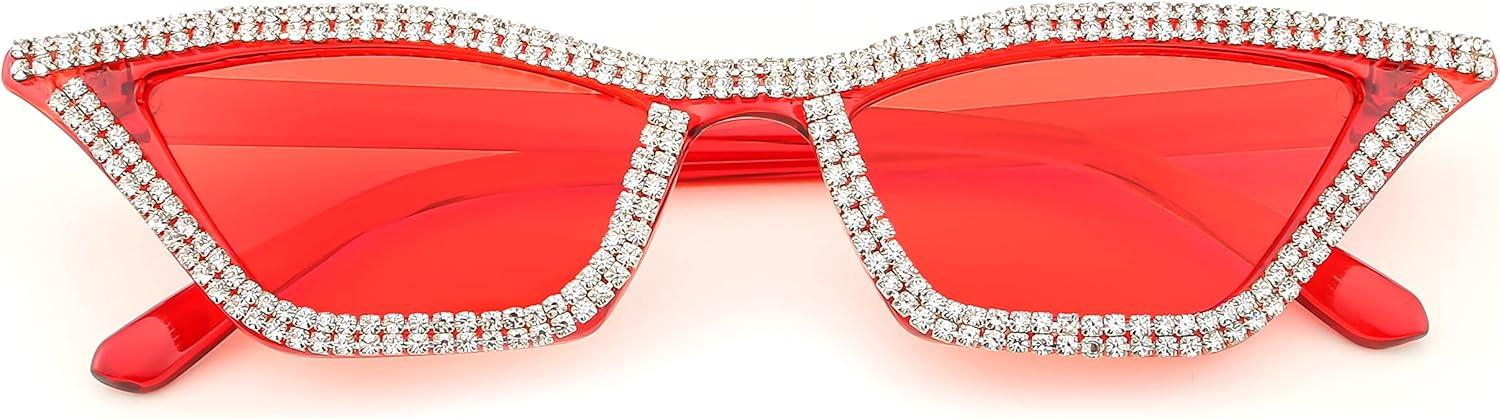 image:imageFEISEDY Small Cat Eye Sunglasses for Women Vintage Square Sparkling Crystal Trendy Retro Cateye Sunglasses B2317002 Red Red Lens