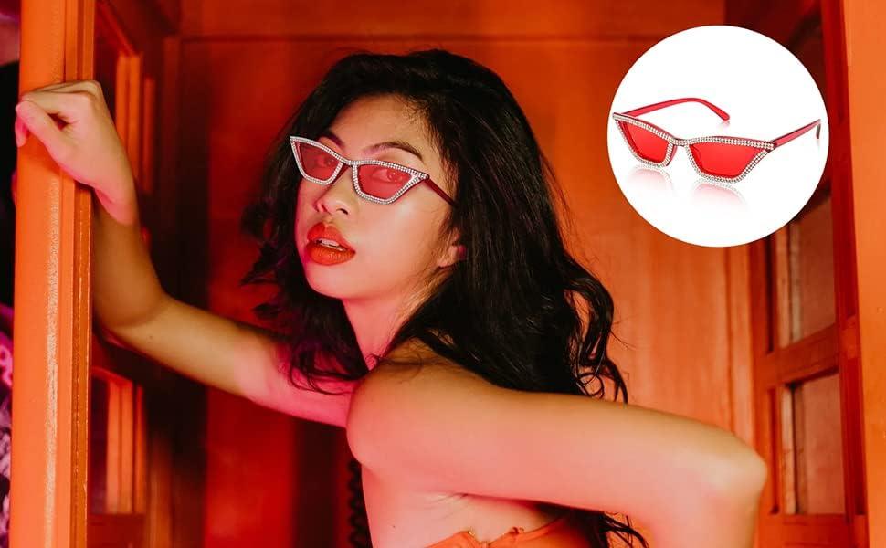 image:imageFEISEDY Small Cat Eye Sunglasses for Women Vintage Square Sparkling Crystal Trendy Retro Cateye Sunglasses B2317002 Red Red Lens