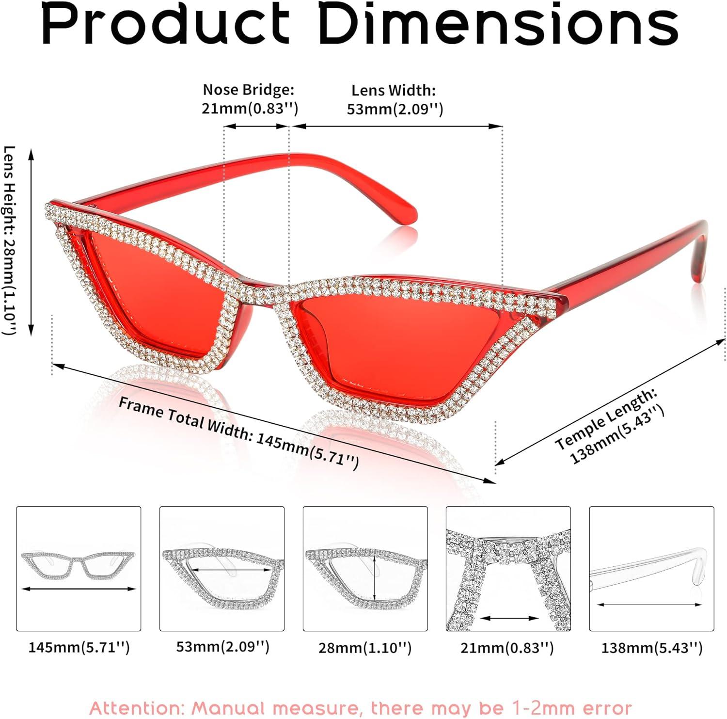 image:imageFEISEDY Small Cat Eye Sunglasses for Women Vintage Square Sparkling Crystal Trendy Retro Cateye Sunglasses B2317002 Red Red Lens