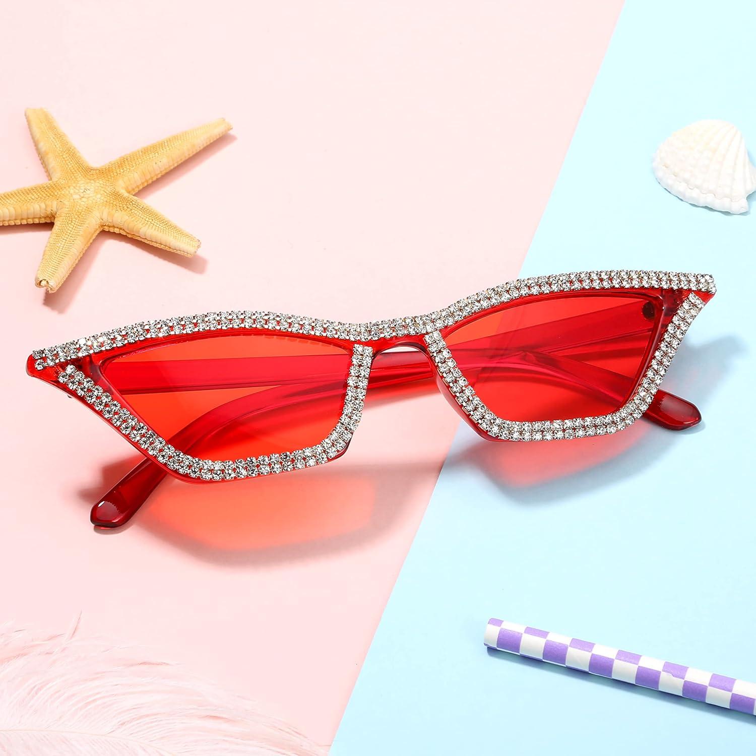 image:imageFEISEDY Small Cat Eye Sunglasses for Women Vintage Square Sparkling Crystal Trendy Retro Cateye Sunglasses B2317002 Red Red Lens